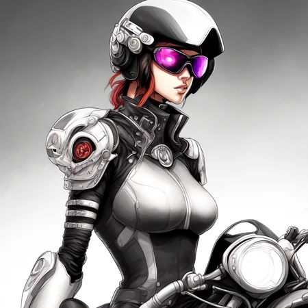 (BionicBikerGirl style:1) a drawing of a woman wearing a helmet and goggles <lora:BionicBikerGirl:1>