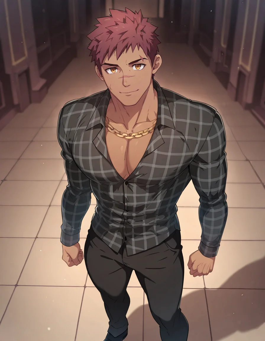 masterpiece, best quality, newest, perfect quality, best quality, detailed background, intricate details, male focus, solo, 2d, <lora:Full Service - Okan Ardana - Illustrious-000006:0.8>, okan_a, solo, red hair, short hair, dark skin, nose scar, amber eyes, looking at viewer, black patterned shirt, long sleeves, untucked shirt, pectoral cleavage, gold chain, black pants, black shoes, standing