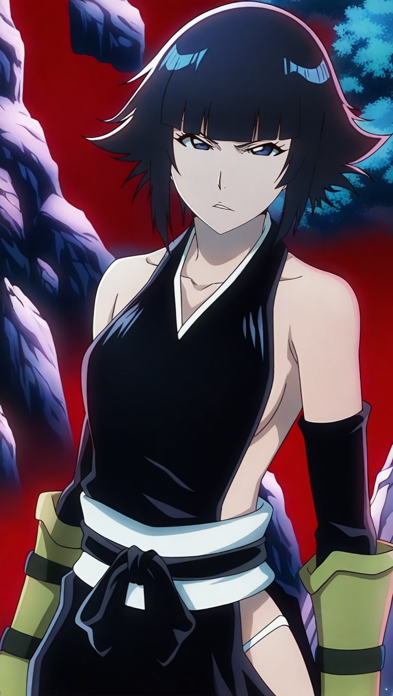 source_anime, masterpiece, best quality, amazing quality, anime screencap, high quality, 8k, absurdres, official style, 1girl, solo, looking at viewer, bust only, <lora:Soifon_TYBW_iL:0.9>, s01f0n tybw, blue eyes, short hair, black hair, short hair with long locks, bangs, blunt bangs, soul reaper outfit, sleeveless kimono, detached sleeves, sleeveless, japanese clothes, bare shoulders, black kimono, collarbone, black sash, white waistband,