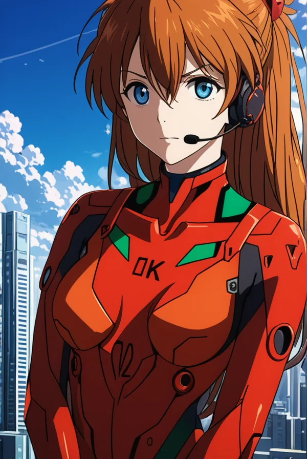 masterpiece, best quality, highres, 4k, 8k, intricate detail, cinematic lighting, amazing quality, amazing shading, soft lighting, Detailed Illustration, anime style,
asukalangley, <lora:asuka_langley_soryuu-sdxl-lora-nochekaiser:0.75>,
asuka langley soryu, long hair, bangs, blue eyes, brown hair, hair ornament, bodysuit, pilot suit, plugsuit, red bodysuit, interface headset,
outdoors, city, cityscape, sky, sun, clouds,
looking at viewer, cowboy shot,
