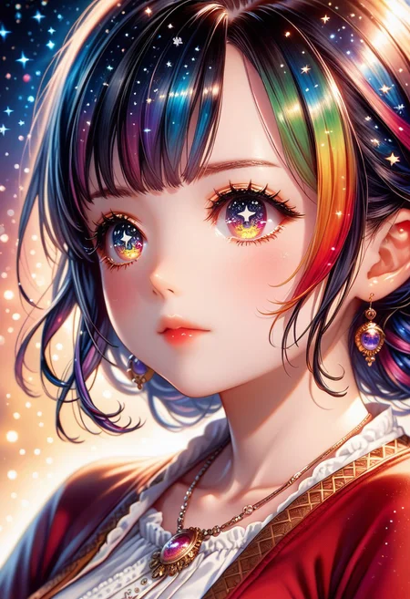 score_9, score_8_up, score_7_up, 1girl, solo, HimenoMP, scenery, (big breasts:0.8). (wide thighs:1.1), (wide hips:1.1), (mature woman:1.1), (detailed eyes, Eyes in high definition, eyes with a lot of detail), (best quality:1.4), a close up of a woman with colorful hair and a necklace, anime girl with cosmic hair, rossdraws pastel vibrant, artwork in the style of guweiz, fantasy art style, colorful, vibrant fantasy style, rossdraws cartoon vibrant, cosmic and colorful, guweiz, colorfull digital fantasy art, stunning art style, beautiful anime style