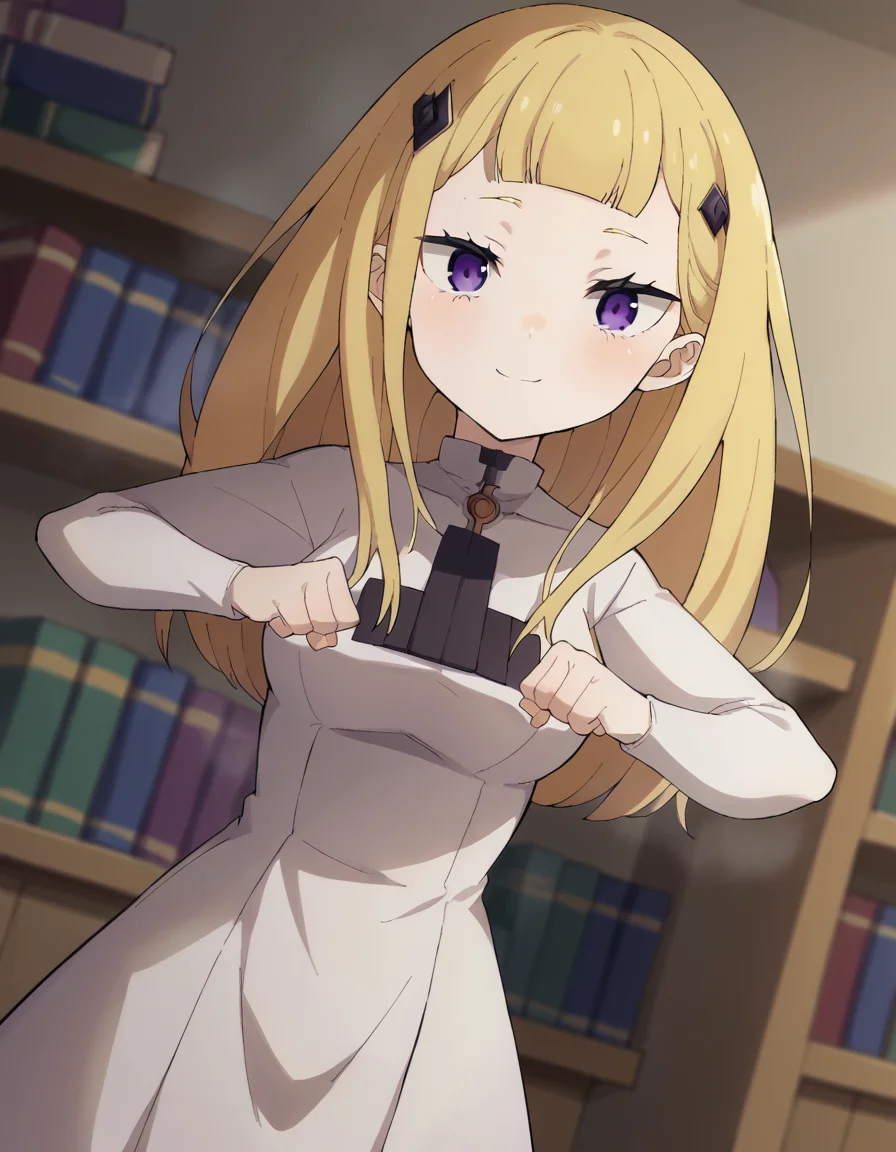 score_9, score_8_up, score_7_up, source_anime, <lora:rezero-sylphy-s3-p1-ponyxl-lora-nochekaiser:1>, sylphy, long hair, bangs, purple eyes, blonde hair, hair ornament, blunt bangs, medium breasts,, long sleeves, dress, white dress,, bookstore, browsing shelves, new book smell, finding a favorite, quiet atmosphere, smile, <lora:mochi-mochi-ponyxl-lora-nochekaiser:1>, mochi mochi dance, clenched hands, hands up,, looking at viewer, solo,, dutch angle, cowboy shot