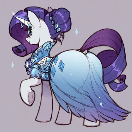 score_9, score_8_up, score_8, Rarity \(mlp\), unicorn pony, lustful looking over shoulder, ball gown made of crystals, tail up, at the gala, aerozerorisk, rearshot, wide hips