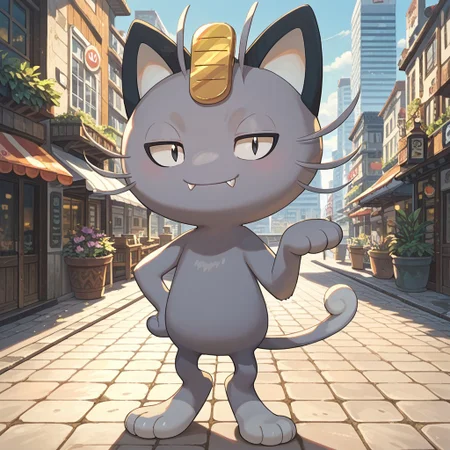 score_9, score_8_up, score_7_up, score_6_up, source_anime, A_Meowth, solo, semi-anthro, cat, pokemon (creature), gray fur, black eyes, fangs, whiskers, cat tail, head ornament, full body, looking at viewer, standing, city background,