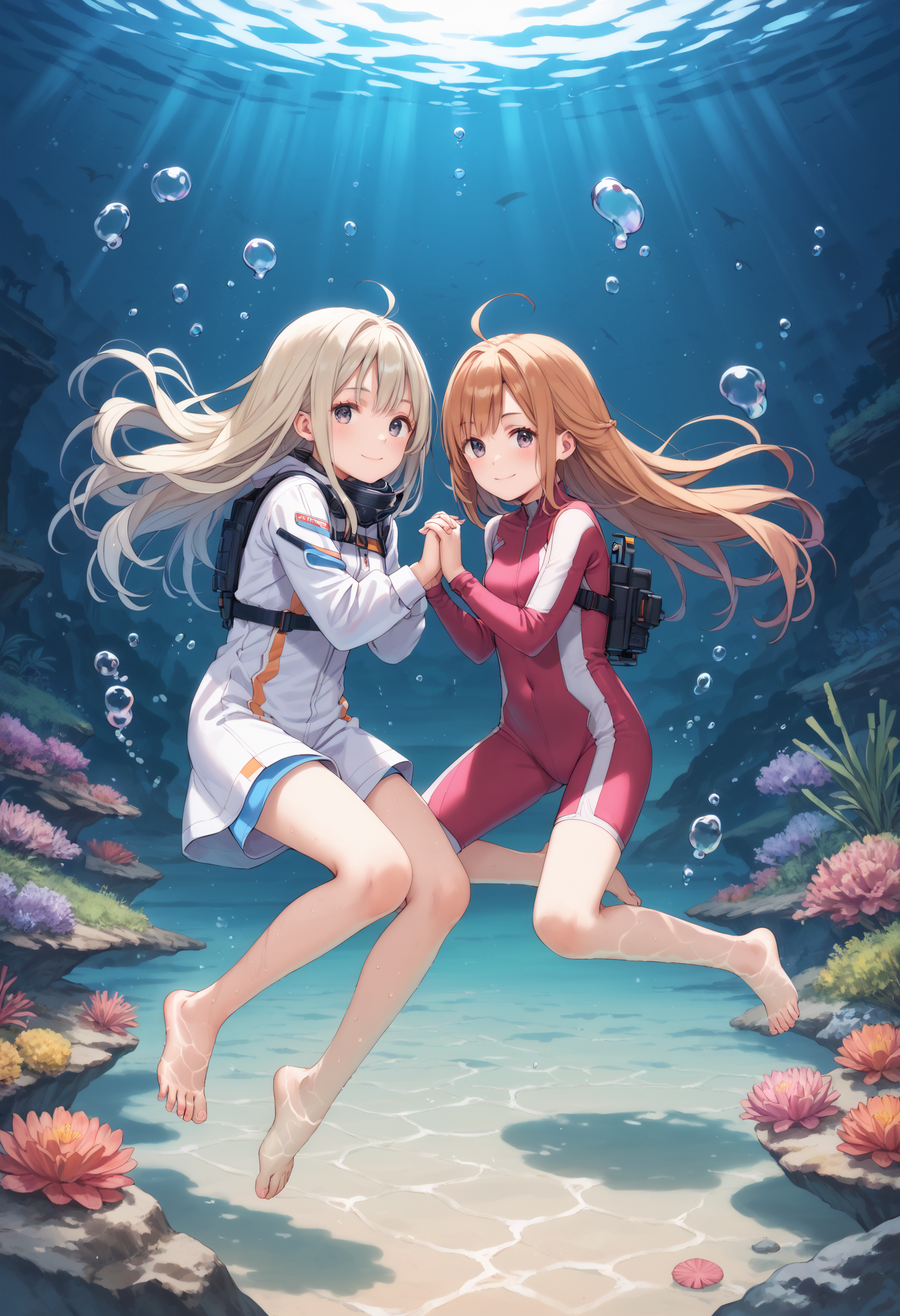 score_9, score_8_up, score_7_up, masterpiece, best quality, very aesthetic, absurdres, 
<lora:Amano_Kozue_å¤©éããã_Style_Pony-000010:1> (amano_kozue:1.2), amanchu!, 
underwater, bubble, floating in water, dappled sunlight, 
2girls, yuri, holding hands, long hair, clear eyes, gentle smile, skinny, body_slim, looking at viewer, 
diving, diving mask, diving suit, barefoot,