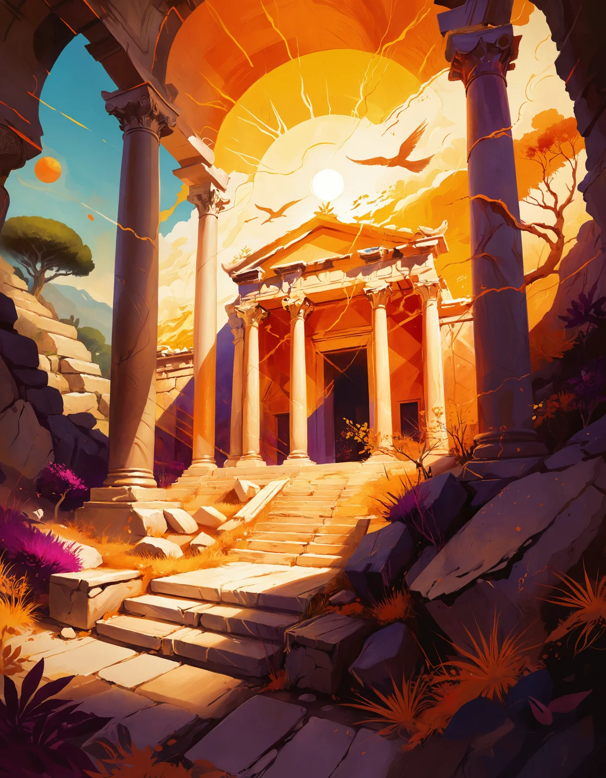 zavy-rghflt, stylized by Glen Angus and Anna Dittmann, painting, landscape of a Organic Ephesus, Ultra Detailed, Yankeecore, Warm lighting, psychedelic colors, elaborate, fabulous colors, set logical ambient background, aesthetic, intense, dynamic dramatic composition, warm light, dynamic dramatic atmosphere