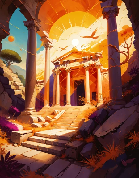 zavy-rghflt, stylized by Glen Angus and Anna Dittmann, painting, landscape of a Organic Ephesus, Ultra Detailed, Yankeecore, Warm lighting, psychedelic colors, elaborate, fabulous colors, set logical ambient background, aesthetic, intense, dynamic dramatic composition, warm light, dynamic dramatic atmosphere