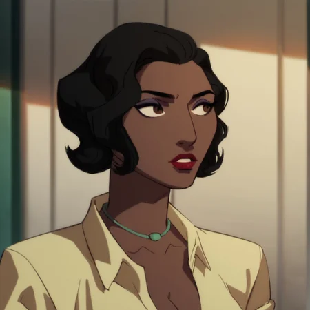 score_9, score_8_up, score_7_up, 1girl, solo, lipstick, makeup, black hair, short hair, dark skin, brown eyes, necklace, jewelry, cleavage, yellow shirt, CatGrantDC, looking away, outdoors, middle of the city