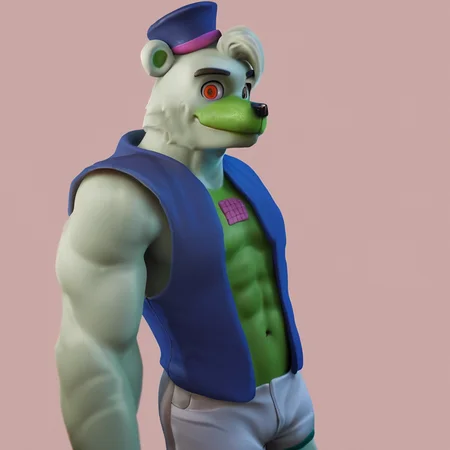 <lora:saucebear_ponyxl-10v1.1:1.7> indoor, solo,  side view, cinematic lighting BREAK, (source_furry),  (saucebear), gentle smile, deep blue hat, bear face, bear ears,  orange eyes, (white fur:1.5, green color front chest), wearing blue vest, (detailed eyes, detailed muscular, detailed muscular chest, detailed hat, male focus, detailed face, detailed ears, detailed clothing, detailed tail), (wearing very tight white shorts), looking at viewer,  zPDXL2, 
<lora:Pony_DetailV2.0:1> <lora:add-detail-xl:0.55> <lora:detailed_notrigger:0.35>