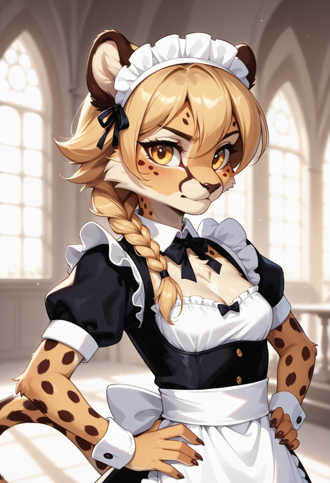 score_9, score_8_up, score_7_up,
source_furry, high quality, perfection, detailed, aesthetic, well-lighted,
1girl, solo, upper body,
mansion, luxury, fancy interior,
furry female, anthro, furred body, fluffy fur, beautiful girl, cute girl, adult, youthful, beautiful face, beautiful eyes, perfect eyes, detailed eyes, 
cheetah girl, small breasts, petite, blonde hair, single braid, long tail, yellow eyes, good hands,
maid outfit, cleavage, maid headband, maid apron,
determined, hands on own hips,
