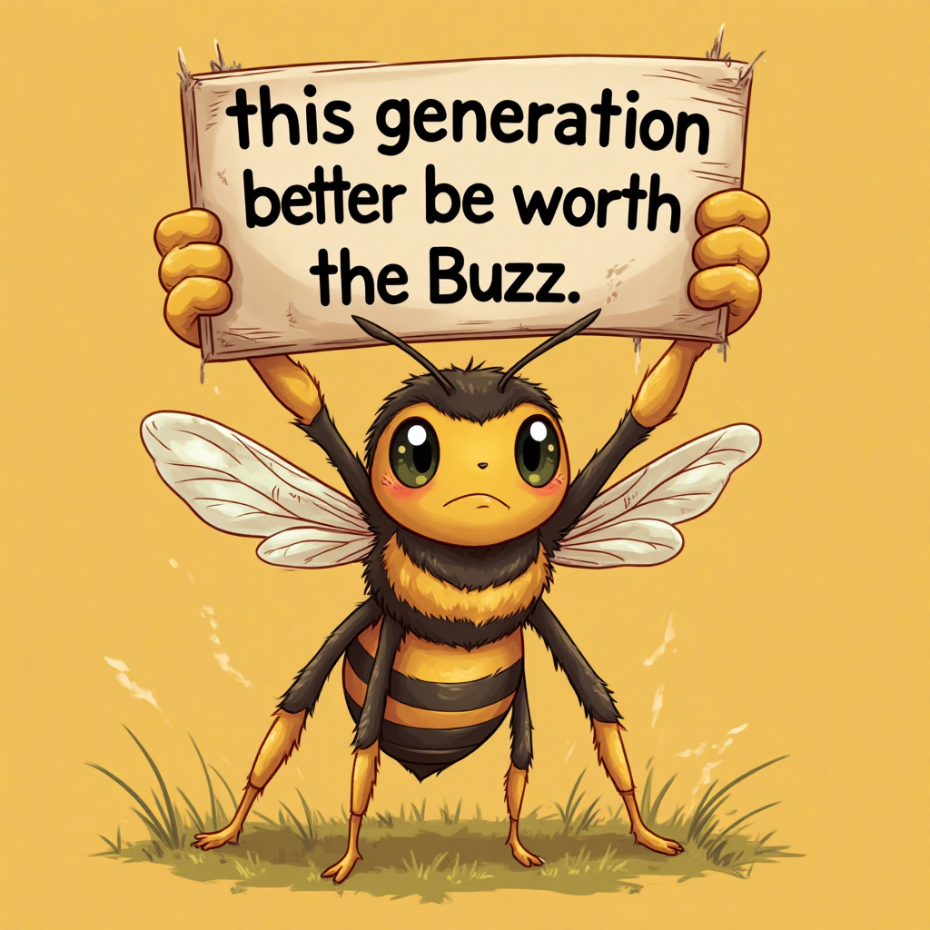 An annoyed bee holding up a sign that reads “this generation better be worth the Buzz”