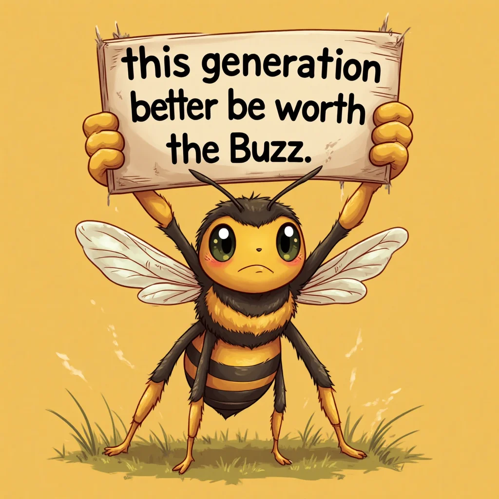 An annoyed bee holding up a sign that reads “this generation better be worth the Buzz”