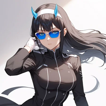 masterpiece, best quality, 1girl, blue eyes:1.5, ((blue sunglasses)), black suit, white long gloves, white long boots, black coat, black hair, solo, zero two, hairband, horns, long hair, blue horns, white hairband, upper body, medium breasts,