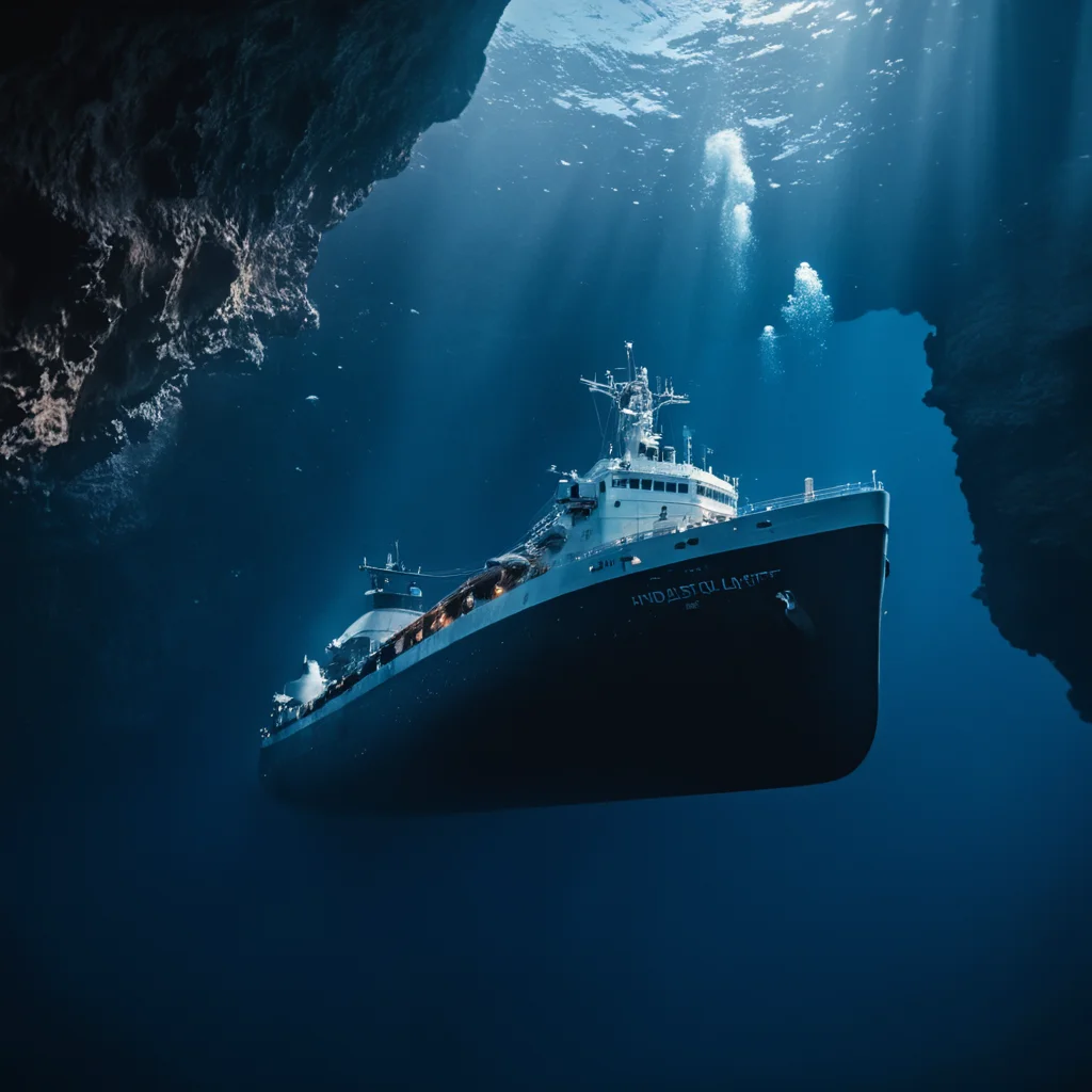 cinematic film still of <lora:underwater style:1>
In the deep blue underwater a large ship floating in the ocean next to a cave,water,no humans,fire,scenery,reflection,science fiction,watercraft,ship , realistic, realism, photorealism, hyperrealism, hyperrealistic, realistic, sharp, detailed, documentary style, film light style, movie still, photography, artistic, perfection, contrast, cinematic, filmic, high quality photo, 8k quality, colorful, different animals, national geographic style, different creatures, different color, underwater style, shallow depth of field, vignette, highly detailed, high budget, bokeh, cinemascope, moody, epic, gorgeous, film grain, grainy