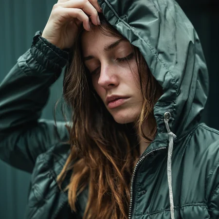 photography, cinematic, an image of a woman looking down at the camera and a jacket over her head, highly detailed <lora:style_lora_dadaptadam_realis-step00002600:0.6>