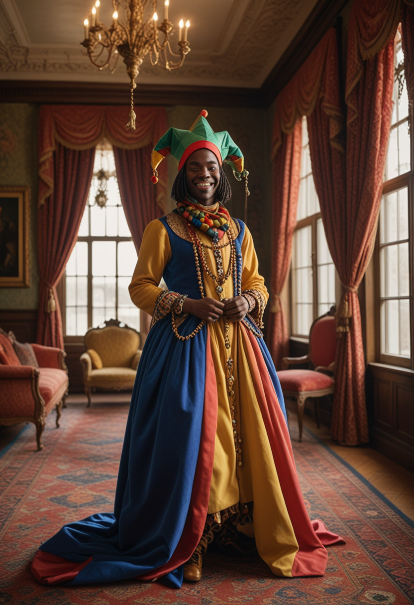 (medium full shot) of man, (colorful jester) young woman, south african, dark skin, black eyes, Average build, extra long dark inverted bob hair, wearing a jester hat with bells, harlequin dress with bells, jester shoes , colorful scarf, set in  Royal Chambers, elegant room with a canopied bed, rich carpets, intricate wooden furniture, paintings of past rulers, large windows with heavy drapes, at sunset, woman laughing, squatting, Masterpiece,best quality, photo, realistic, very aesthetic, detailed face,