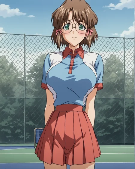 score_9, score_8_up, score_7_up, source_anime 1girl, true blue kaya, 1girl, solo, female focus, short hair, brown hair, bangs, sidelocks, hair ribbon, looking at viewer, green eyes, glasses, blush, (tennis uniform), red skirt, standing, smile, arms behind back, hidden hands, large breasts, miniskirt, cowboy shot, hetero, outside, tennis court, fence, pleated skirt, sportswear, collared shirt, high-waist skirt, breasts focus, raglan sleeves, <lora:Kaya_-_ã«ã¤_TRUE_BLUE_Gaiden_for_Pony:1>, rating_questionable
