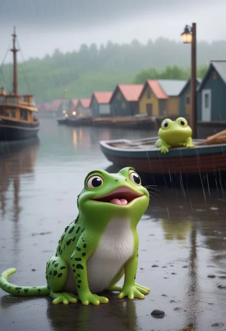 baby cat is fiherman friend's, singing near an harbor, on a raining day, frogs in the background, in the style of pixar, cuteness overload