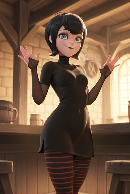 masterpiece, best quality, amazing quality, 1girl, m4v15dr4cul4, black hair, short hair, blue eyes, makeup, black lips, small breasts, turtleneck, black dress, striped pantyhose, tavern, hand_on_waist, smile, waving, standing, aesthetic