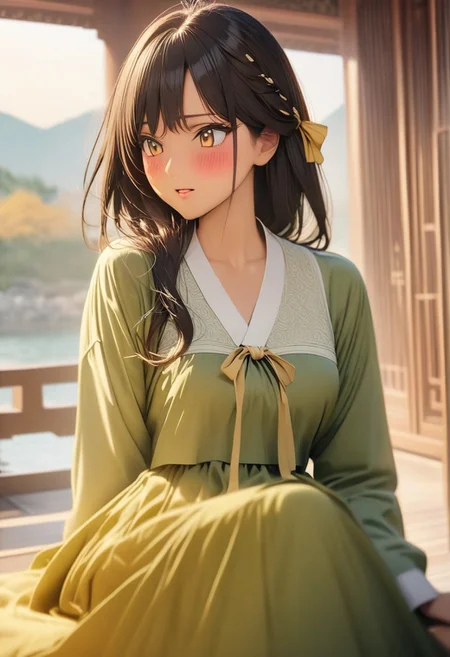 gorgeous lips, cinematic, (masterpiece), (best quality), (ultra-detailed), very aesthetic, illustration, perfect composition, intricate details, absurdres, detailed face, (anime, masterpiece, intricate:1.3), (best quality, hires textures, high detail, ultra detailed background:1.2), brown eyes,
1girl, tan skin, very long black hair, side braid, wavy hair,medium breasts, perfecteyes, 8k, highest quality, ultra details,1girl, solo(green and yellow korean style hanbok, green hanbok top, green and yellow hanbok skirt,:1.4), yellow hair ribbon,sitting in a beautiful korean palace, stone palace built near a river going down the mountain, rocky river, mountainous land,happy, shy , cinematic lighting, hair blowing in the wind, hanbok skirt blowing in wind, blush,sitting legs crossed, drinking a cup of tea, holding a cup of tea, (from front:1.4), cowboy shot, sunset time, mountain background