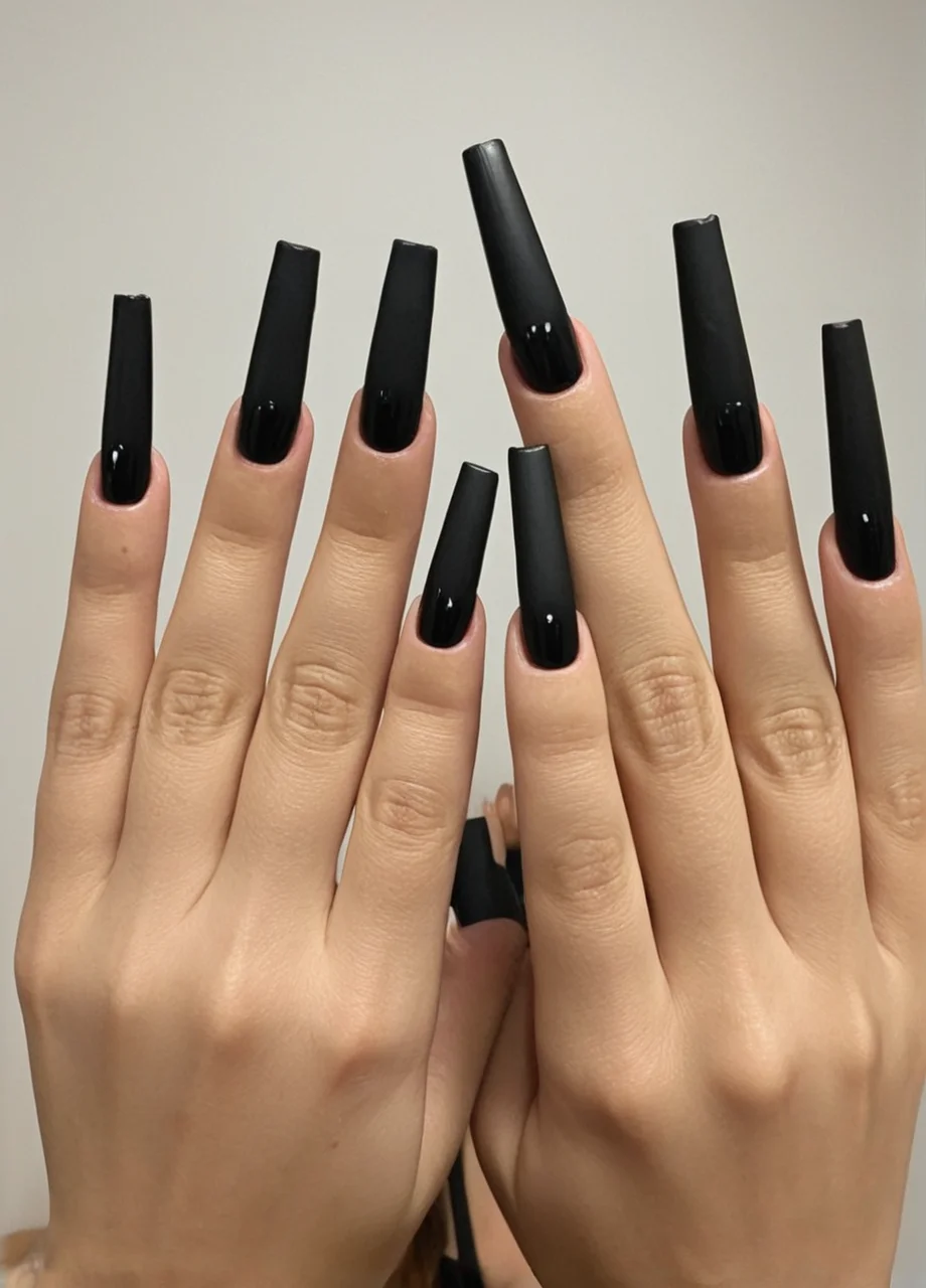 1girl, hands focus, showing hands, black nails, <lora:long_nails:0.8> UZ_long_nails, square long nails