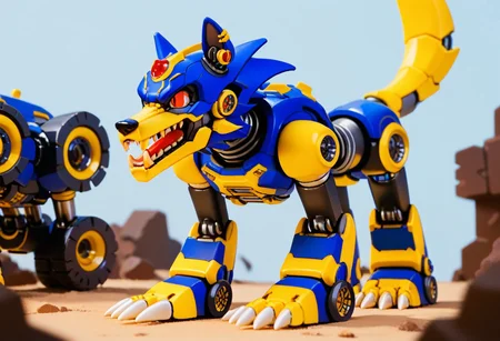 score_9, score_8_up, score_7_up, score_6_up, score_5_up, source_furry, view from below, no humans, thin waist, (yellow tail:1.2), friender, blue fire dog, blue armor, feral, (robot:1.8), robotic, black nose, red eyes, paws, claws, (wolf tail:1.2), friender, open mouth, (fangs:1.5), mechanical fortress