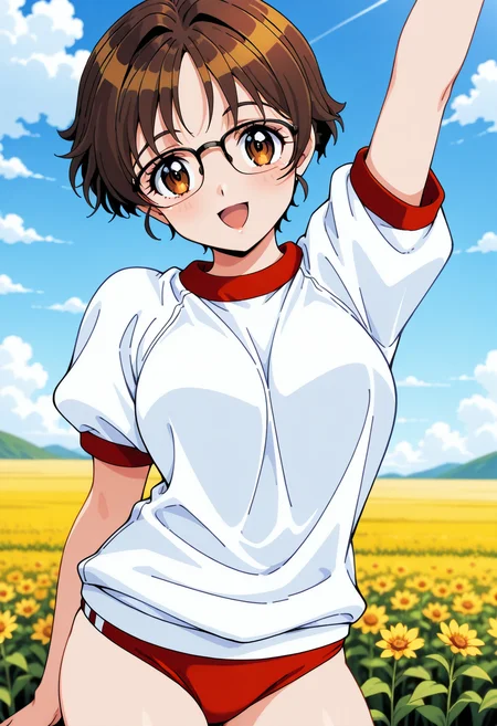 fuzisaki_mika, brown eyes, brown hair, short hair, glasses, gym uniform, red buruma, <lora:fr_fuzisaki_mika_illustrious_ver1:0.8>
smile, open mouth,, 1girl, solo, (field:1.2), (blue sky:1.2), looking at viewer,, (cowboy shot, dynamic pose:1.4),, masterpiece, best quality, general,