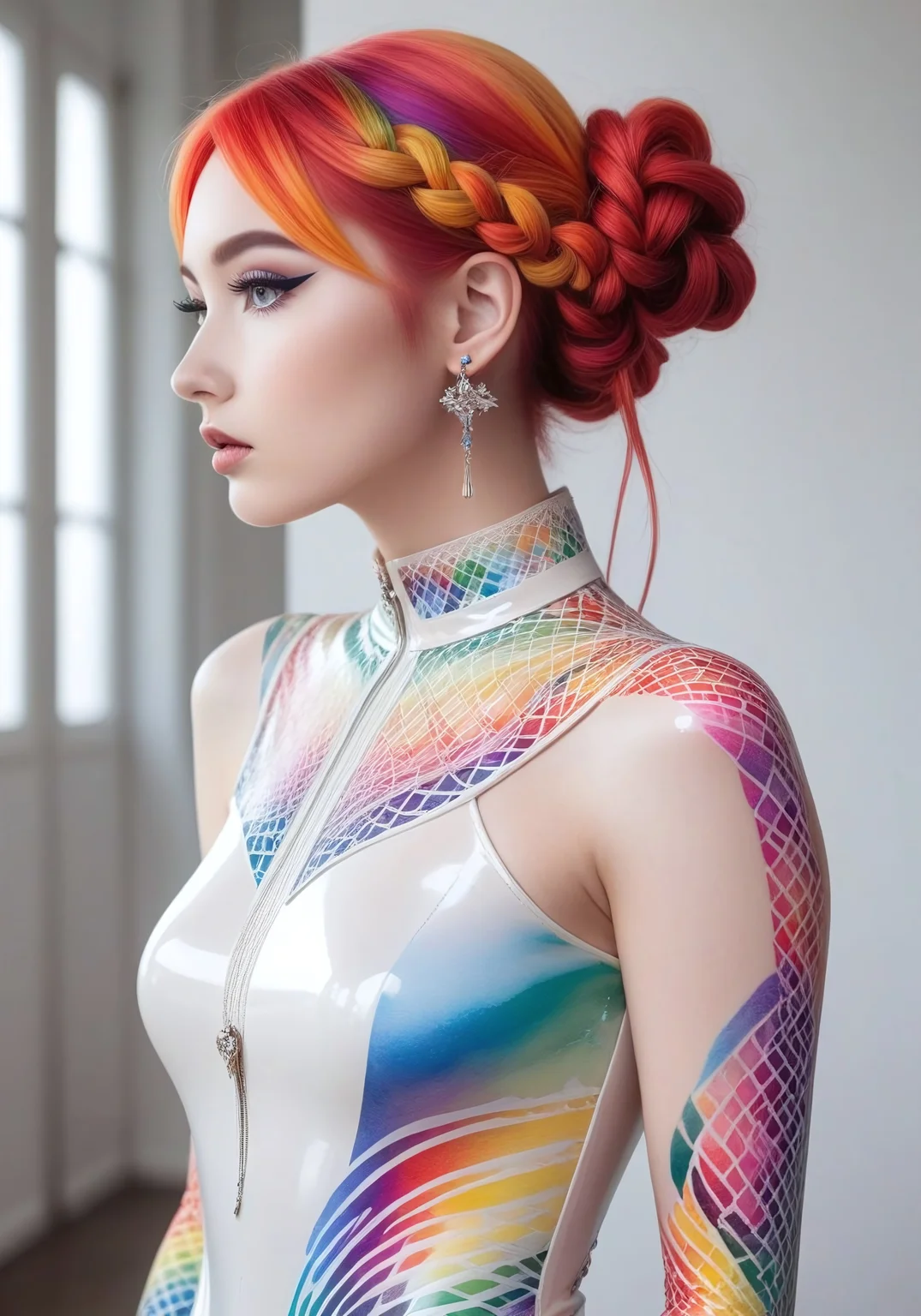 A stunning European teenage beauty with vibrant neon rainbow hair styled into intricate plaited braids stands confidently, dynamic pose exuding youthful and lively aristocratic vibes. Thin face, neck, and waist accentuate her slender physique. Detailed skin glows with a subtle sheen, while long eyelashes frame her bright eyes and delicate eyebrows. Her red BioInk rainbow tattoo on her arm shines like a beacon. She wears a white and black fashionable latex bodysuit, adorned with silver earrings, at a high-end cocktail party inspired by Gothic fashion from Paris and Italy. Delicately depicted in watercolor and gouache, the 128K resolution captures every nuance of light reflection and delicate outlining on her entire body.