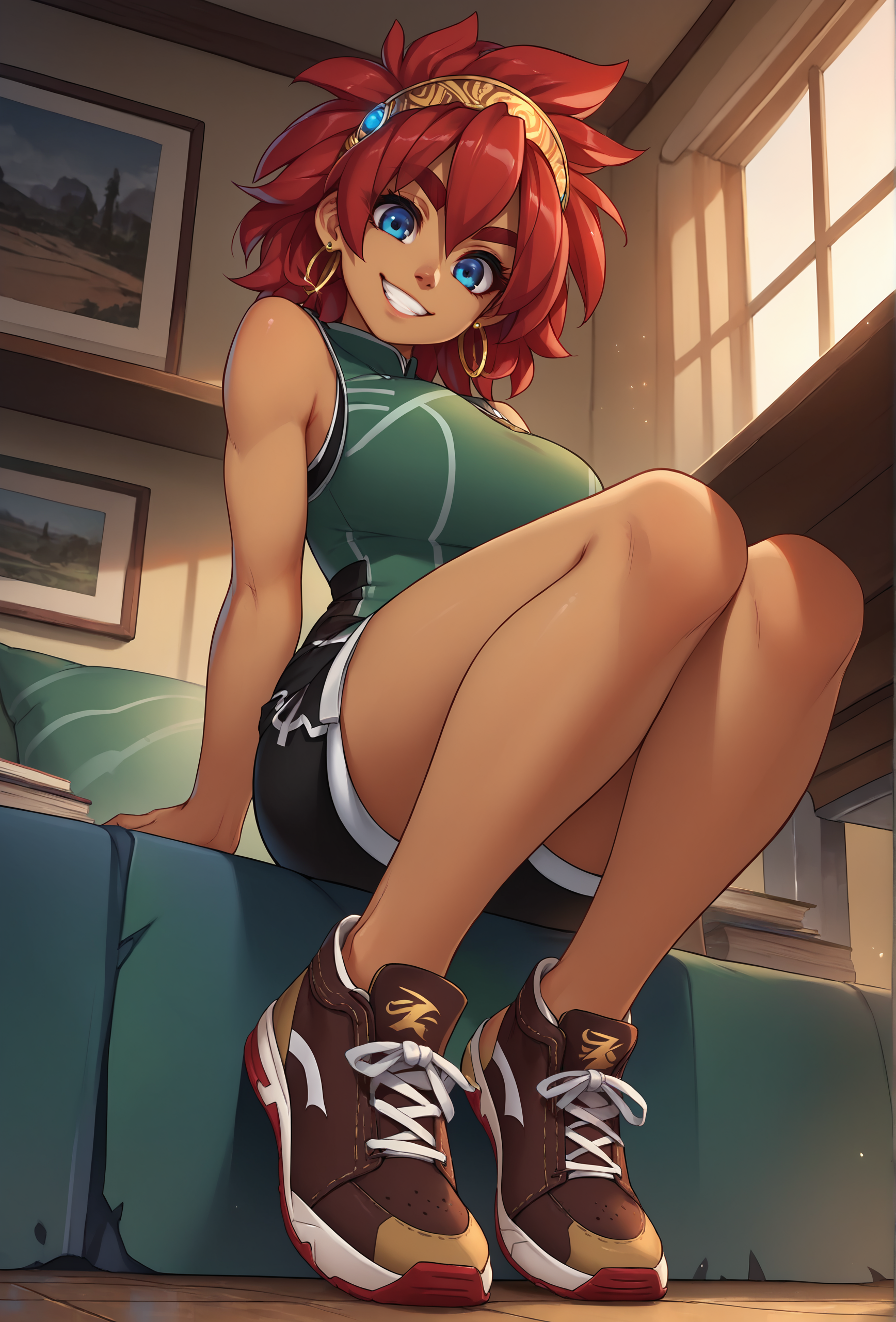 score_9, score_8_up, score_7_up, score_6_up, score_5_up, score_4_up, indoors, BREAK
<lora:ayn_fluffkevlar_ponyXL_v1.3_0.99:1> ayn, 1girl, human, looking at viewer, smile, blue eyes, red hair, close-up, green dress, black trim, sleeveless, hairband, medium hair, dark skin, hoop earrings, gold earrings, thick eyebrows, head tilt, teeth, red eyebrows, black shorts, shorts, brown shoes, sneakers, full body, from below, sitting