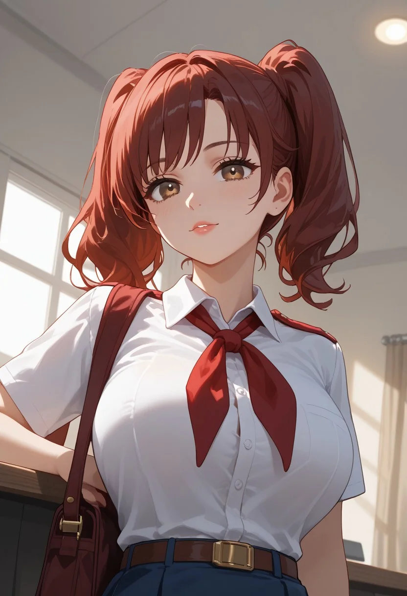 score_9, score_8_up,score_7_up <laura: expressive_n:1>, expressive_n, expressive eyes, beautiful, thoughtful background, perfect eyes, expressive, 1 girl, visual novel character, sexy 20-year-old girl, solo,<laura: AlicePonyV1_close:0.8>, mi(short hair, red hair, two ponytails, shoulder-length ponytails, brown eyes, big breasts,), 1 girl, solo, brown eyes, white collared shirt, simple, red neckerchief, pioneer tie, blue skirt, belt, female portrait from the chest up, seduction, sensuality, movement, low angle, side lighting, high key image, super detailed