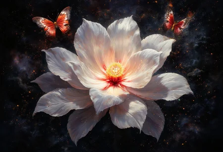ArsMJStyle, impressionism, Ukiyo-e, A surreal and painterly composition featuring **radiant white flowers** and **dark ethereal butterflies** against a pitch-black background. The flowers exude a sense of purity and holiness. The petals are stained with crimson blood. The butterflies pulse with an otherworldly light, and their wings are traced with intricate patterns.
The atmosphere is enhanced by a dreamy **bokeh effect** that scatters soft glimmers of gold and crimson throughout the composition, creating depth and a sense of quiet wonder. The interplay of **rich white highlights and deep black shadows** evokes an enchanting, almost mystical ambiance. Subtle sparks float in the air, adding a dynamic, surreal quality to the scene.
The overall aesthetic is vivid yet balanced, emphasizing the **contrast between the glowing warmth of the flowers and harshness of the butterflies**. Rendered in **8K ultra-detail**, the textures are hyper-realistic, while the colors glow with an intense vibrancy, embodying an elegant harmony of surreal beauty and luxurious simplicity.