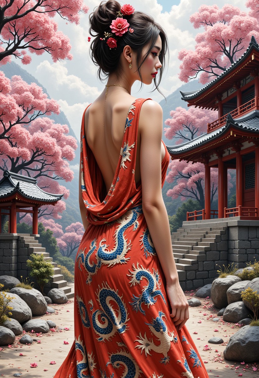 oil painting, rough, textural, broad brush strokes, of an oriental woman in a loose sleeveless, backless silk dress with oriental dragon designs, open down the sides to below the waist, nsfw, erotic, sexy, showing ample sideboob, flower in hair, sidelocks, sakura trees and petals, shinto temple