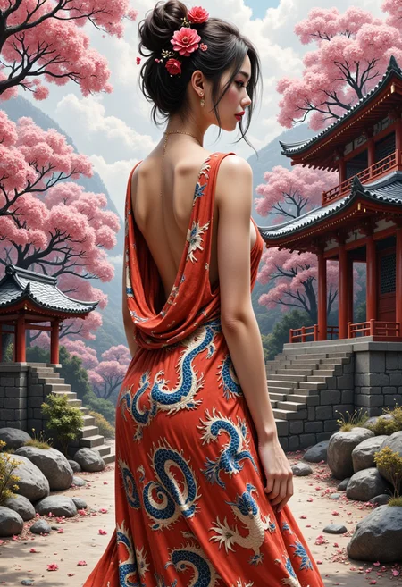 oil painting, rough, textural, broad brush strokes, of an oriental woman in a loose sleeveless, backless silk dress with oriental dragon designs, open down the sides to below the waist, nsfw, erotic, sexy, showing ample sideboob, flower in hair, sidelocks, sakura trees and petals, shinto temple