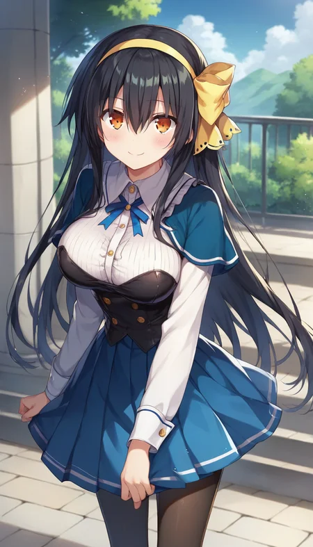 score_9,score_8_up,score_7_up,score_6_up BREAK official art,solo,outdoors,cowboy shot,looking at viewer,facing viewer,smile,blush,Tomoe Tachibana,very long hair,black hair,hairband,yellow hairband,hair ribbon,yellow ribbon,hair bow,yellow bow,hair between eyes,bangs,orange eyes,Tomoe Tachibana uniform,blue capelet,neck ribbon,blue ribbon,white shirt,black bandeau,black corset,long sleeves,buttons,large breasts,blue skirt,pleated skirt,frills,black pantyhose,mary janes,black footwear,<lora:Tomoe Tachibana(ad)-Pony:1.1>,