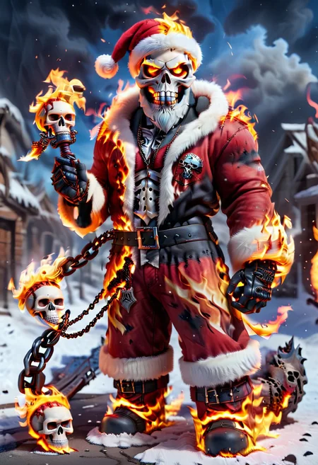 ral-santa, fire santa,skull head,skull on fire, santa claus is on fire, fiery and dynamic <lora:ral-santa-sdxl:1>,Holding a flaming chain,full body, solo,standing,