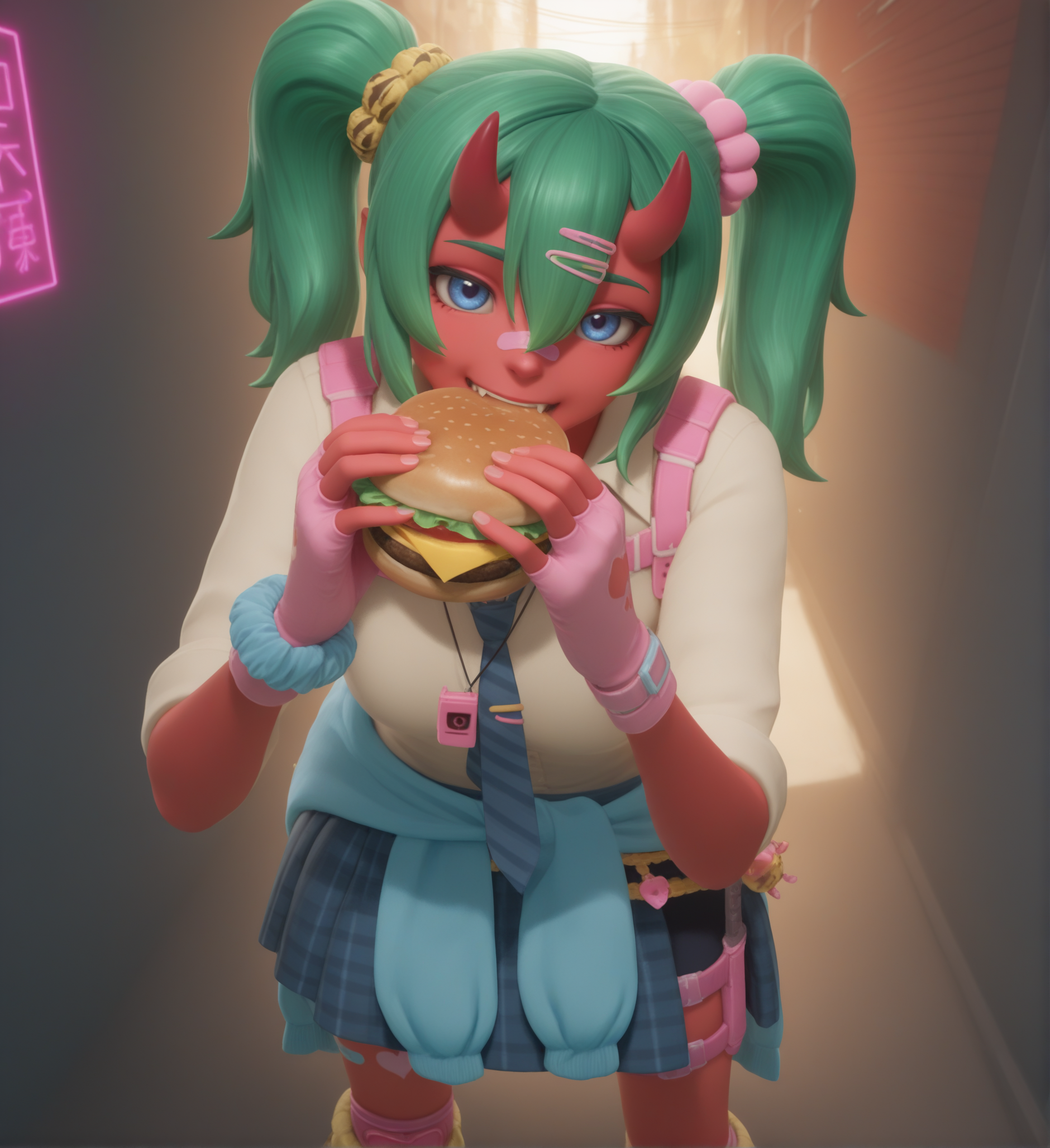 (high quality, masterpiece, intricate details, highly detailed, very awa, absurdres:1.1), (looking at viewer, upper body, cute, eating burger, biting burger, silly face, eyes wide open:1.6), (sparkles, detailed background, street alley, downtown, outdoors, day, sunny, shadows, warm colors, blue and red lighting, neon lighting, sun beams:1.6), fortnite_nemia, 1girl, solo, green hair, twintails, ponytail, long hair, bangs, hair between eyes, hair over one eye, ears, horns, oni horns, single horn, red skin, pink skin, blue eyes, parted lips, bandaid, fangs, teeth, breasts, shirt, school uniform, necktie, plaid skirt, thighhighs, socks, loose socks, boots, jewelry, earrings, bracelet, charm, belt, gloves, fingerless gloves, knee pads, leg warmers, collarbone, solo, colored skin, hair ornament, hairclip, scrunchie, holster, striped necktie, clothes around waist, oni, plaid, charm (object), blue necktie, bag, sweater around waist, animal print, heart, shoes, star (symbol), thigh holster, <lora:Fortnite_Nemia_Demonically_Cute_Set_ILXL_E29_16_DIM:1>