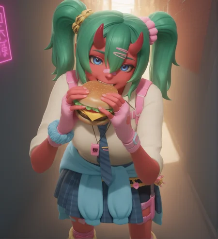 (high quality, masterpiece, intricate details, highly detailed, very awa, absurdres:1.1), (looking at viewer, upper body, cute, eating burger, biting burger, silly face, eyes wide open:1.6), (sparkles, detailed background, street alley, downtown, outdoors, day, sunny, shadows, warm colors, blue and red lighting, neon lighting, sun beams:1.6), fortnite_nemia, 1girl, solo, green hair, twintails, ponytail, long hair, bangs, hair between eyes, hair over one eye, ears, horns, oni horns, single horn, red skin, pink skin, blue eyes, parted lips, bandaid, fangs, teeth, breasts, shirt, school uniform, necktie, plaid skirt, thighhighs, socks, loose socks, boots, jewelry, earrings, bracelet, charm, belt, gloves, fingerless gloves, knee pads, leg warmers, collarbone, solo, colored skin, hair ornament, hairclip, scrunchie, holster, striped necktie, clothes around waist, oni, plaid, charm (object), blue necktie, bag, sweater around waist, animal print, heart, shoes, star (symbol), thigh holster, <lora:Fortnite_Nemia_Demonically_Cute_Set_ILXL_E29_16_DIM:1>