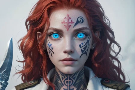 bright red hair, human female, (feminine:1.7), (beautiful face, detailed face:1.6), (beautiful eyes, detailed eyes:1.7), (looking at viewer, eye contact, intense:1.6), (long hair, red hair, curly hair:1.3), , ((masterpiece, best quality, high resolution, realistic, best quality,)), photo realistic, Perfect Face, (detailed face). <lora:GoodHands-vanilla:0.6> <lora:add-detail-xl:0.8>, mage, (Dress White military uniform coat), dagger, rune dagger, glowing runes, , (((glowing magic symbols tattoos, religious tattoos))), ((face tattoos)), glowing tattoos, stone tower in the background