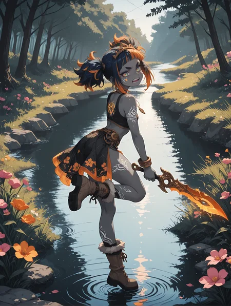 masterpiece, best quality, very aesthetic, absurdres, highly detailed, (solo:1.4), S4bit4mago_illu, (solo:1.6), anime style, wasabi_natsume_illu, no lineart, no outline, LDSCH Style, HassaKu_illu, aidmaMJ6.1, 
soft lighting, shadows, soft shadows, pitch black, glowing outline, side light, long shadows,,  
1girl, tied_hair, medium hair, twintails, parted_bangs, multicolored eyes, dark Aquamarine eyes, orgasm, ahego, teen,  thick eyebrows, streaked hair, dark blue hair,  dark orange hair, full body tattoo, tattoo, face tattoo, chest tattoo, leg tattoo, arm tattoo, curvy,  heavy fur-trimmed boots,  small breasts, sharp teeth, mismatched colors, dogtags, (gray skin, colored skin:1.4),     
blossom print,  metallic arabian Stole, plastic diadem,
 translucent puffed Gambeson, brown wool ornate  
from behind, looking back, cinematic view, , ornate dagger, holding weapon, large weapon, colossal weapon, oversized weapon,, fighting pose, standing, standing on one leg,,  (character focus, close up:1.2), 
river, Exterior, river, clear waterm smooth rocks, tall trees, reflections, ripples, splashes, wildflowers, grass, shore, exterior, abandoned, overgrown flowers, colorful flower field, grass,  
<lora:StS-Illustrious-Detail-Slider-v1.0:2> <lora:add-detail-xl:2>   <lora:LDSCH:0.4>  <lora:ponyv3_ill01_2_adamW:0.3> <lora:anime_screencap:0.2>  <lora:S4bit4mago:0.5>  <lora:Granblue Fantasy XLV2:0.4> <lora:ppw_v7_Illuv1.0_1_r2:0.4> <lora:HassaKu_style:0.2>  <lora:illustrious_quality_modifiers_masterpieces_v1:0.2>  <lora:CuteIXL-style:0.3> <lora:Bioluminescence-LoRA-ILL1.0-v1:0.2> bioluminescence,   <lora:xl_more_art-full_v1:0.3> <lora:aidmaMJ6.1_v0.5_IL:1>