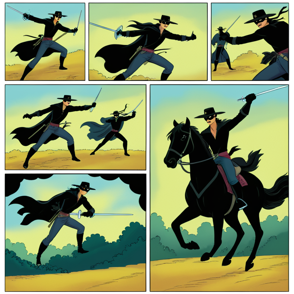comic book art of  <lora:comicbookpage style:0.9> comicbookpage style
 <lora:xl_more_art-full_v1:0.5>
 <lora:add-detail-xl:1>
 <lora:detailed:0.3>
<lora:perfection style:0.3>
a cartoon comic book strip page of
 <lora:Zorro:1>Zorro, comic art, graphic novel illustration