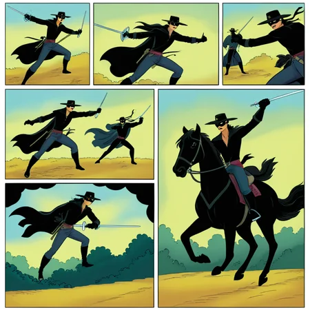 comic book art of  <lora:comicbookpage style:0.9> comicbookpage style
 <lora:xl_more_art-full_v1:0.5>
 <lora:add-detail-xl:1>
 <lora:detailed:0.3>
<lora:perfection style:0.3>
a cartoon comic book strip page of
 <lora:Zorro:1>Zorro, comic art, graphic novel illustration