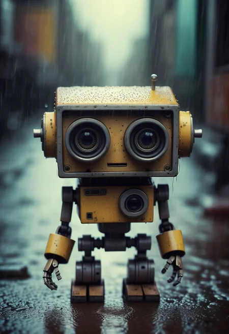 Small robot, cute robot, rectangular body, treaded wheels, compact head, expressive binocular-like eyes, sad and curious appearance, heartbreaking, cute, heavy rain, very sad, lonely, lost place, cyberpunk, desaturated, vibrant colors, dramatic lighting, desaturated background, bokeh, dark theme, soothing tones, depth of field, dramatic backlighting, film grain,