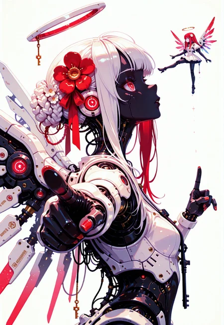 1girl, cybernetic girl, robot girl, doll joints, mechanical body parts, white hair, long hair, braided bun, red hair ribbons, hair flower, key hair ornament, looking up, solo focus, mechanical wings, profile, outstretched arm, pointing towards viewer, fingers, nail polish, angel, monster girl, white background, (monochrome, negative space:1.2), white theme,  painterly, no lineart, no outline, fine art, masterpiece, best quality, good quality, very awa, very aesthetic, absurdres, newest, 8k, high contrast, in the style of cknc, haiz_ai