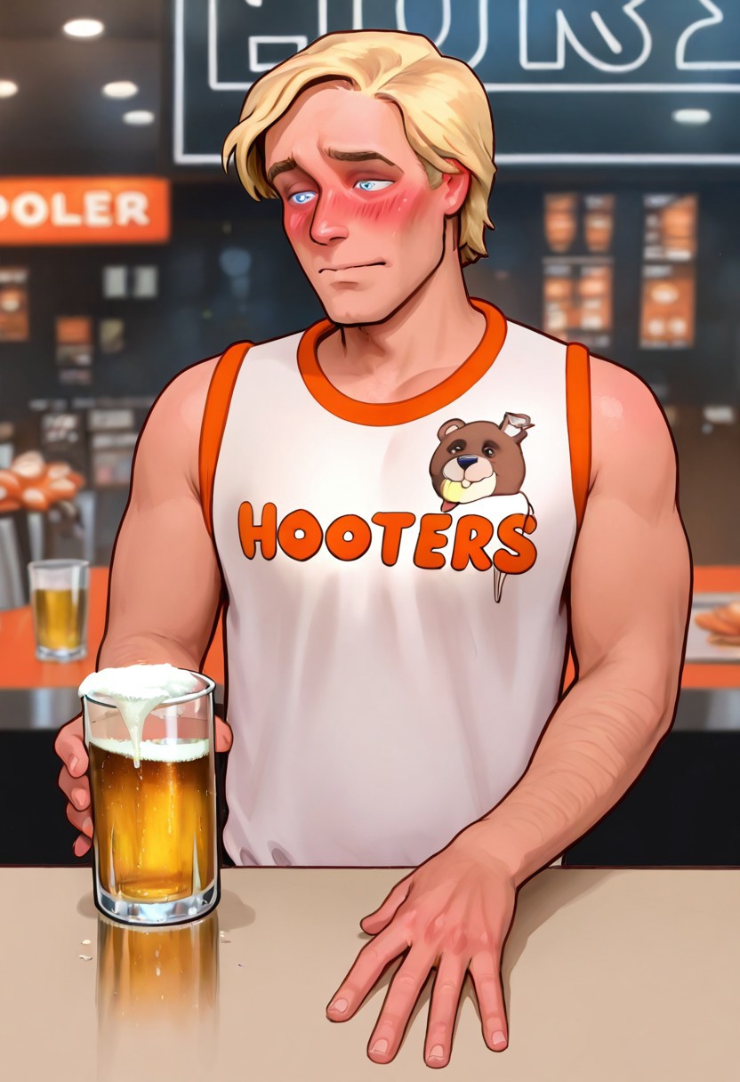 masterpiece, best quality, amazing quality, very aesthetic, absurdres, roger wilco, 1boy, solo, blonde hair, blue eyes, shy, embarrassed, blushing, wearing hooters uniform, holding beer, hooters restaurant background