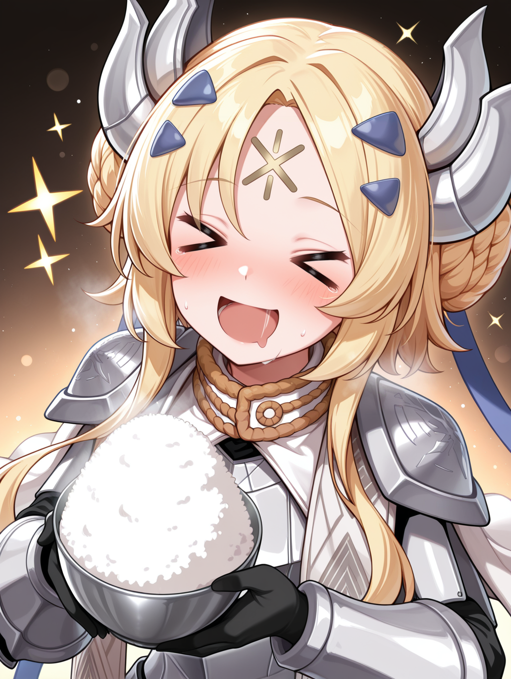 dogmatika ecclesia the virtuous,1girl,solo,closed eyes,open mouth,smile,blush,saliva,rice,>_<, :d, blue hairclip, black full bodysuit, blue hair ribbon, gold forehead mark, upper body, sparkle, silver hair ornament, white cape, silver armor, silver breastplate, silver shoulder armor, silver armored gloves, 
masterpiece,best quality,amazing quality,very aesthetic,absurdres,newest,<lora:Dogmatika Fleurdelis & Ecclesia the Virtuous illuXL v1:0.75>,