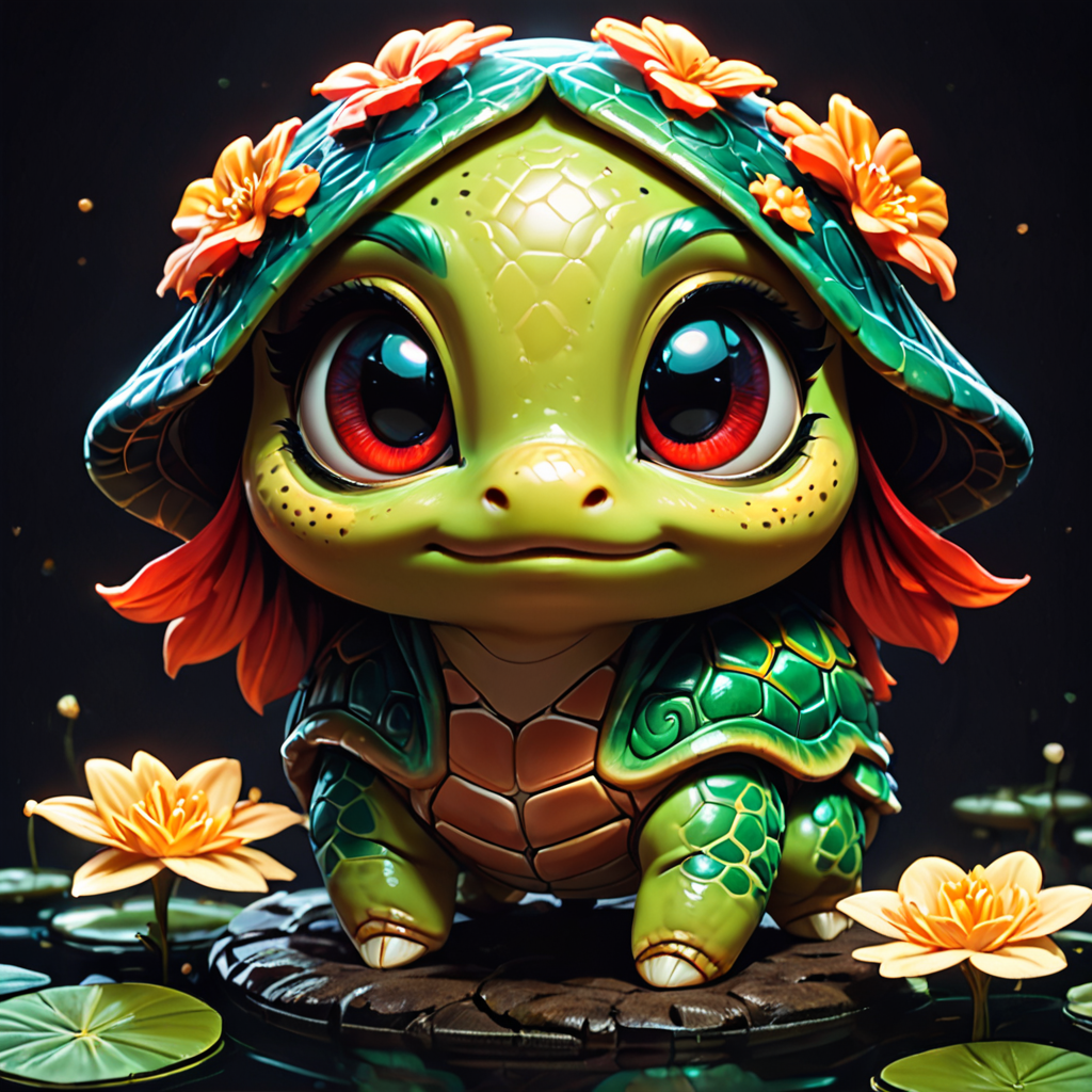 score_9, score_8_up, score_7_up, score_6_up, score_5_up, score_4_up, bright colors, high contrast, dark background, vivid lighting, pond, chibi, turtle, animal, eye reflection, red eyes, beautiful eyes, flower on head, looking up, missing tooth, <lora:add-detail-xl:1> <lora:SDXLFaeTastic2400:0.8>