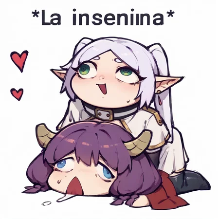 score_9, score_8_up, score_7_up, rating_explicit, zPDXL2, zPDXLxxx, zPDXL3, source_anime, <lora:La_Insemina:0.6>, 2girls, simple cartoon style, blush, sweat drops, lewd pose, exaggerated eyes, sexual interaction, doggystyle position, heart, top person, bottom person, simplified anatomy, exaggerated expressions, lewd mood, chibi, english text,
BREAK <lora:ChamFrierenPonyXLCame:1>, FrierenBase, green eyes, white hair, long hair, twintails, earrings, white capelet, striped shirt, long sleeves, belt, white skirt, medium skirt, black pantyhose, brown boots
BREAK <lora:aura-the-guillotine-ponyxl-lora-nochekaiser:1>, AuraFrieren, purple hair, blue eyes, horns, long hair, twin braids, necklace, strapless shirt, black shirt, navel cutout, white skirt, red waist cape, elbow gloves, black gloves, thigh boots