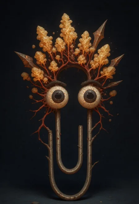 dvrnfctd, an infected clippy with big eyes with crystalline fungal growths protruding from him like a crown of sharp coral, each node connected by red, vein-like tendrils that pulse with faint bioluminescence. His pupils are clouded