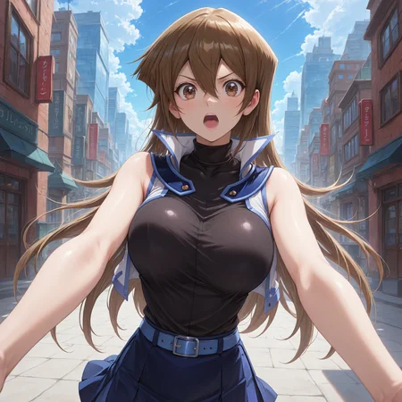 (masterpiece, best quality,pov:1.4),highres,illustration,8k,(looking at viewer, foreshortening, collarbone,),(shiny_eyes,sparkling_eyes,spread_arms:1.2),
Alexis Rhodes,very long hair,duel academy uniform \(yu-gi-oh! gx\),brown eyes,skirt,sleeveless,blue skirt,hair between eyes,straight hair,school uniform,miniskirt,turtleneck,sleeveless jacket,brown hair,bare arms,jacket,shirt,blue belt buckle,
large breasts,bouncing breasts,outdoors,<lora:aidmaImageUpgrader-v0.3-IL:0.6>,city,downtown,<lora:Alexis Rhodes(IL):0.75>,