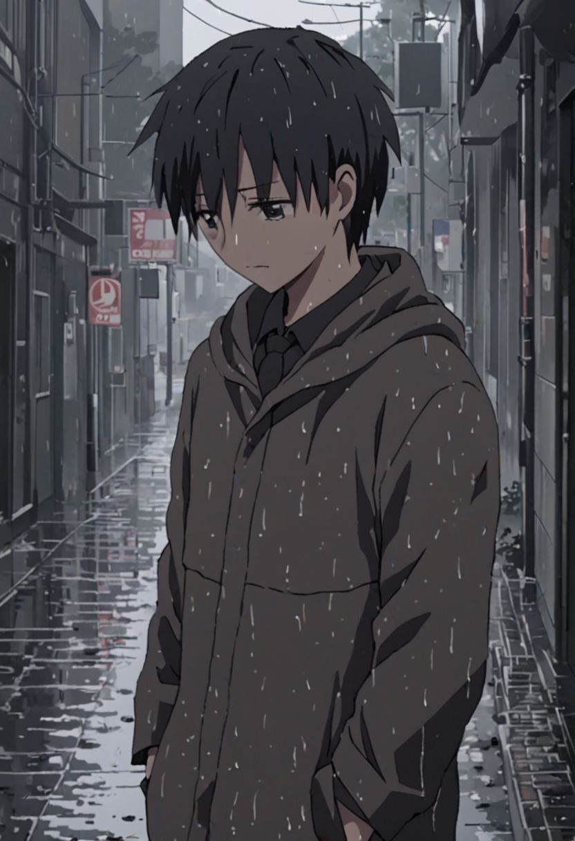 Highres, Masterpiece, High Quality, 4K, 8K, solo, 1Boy, Takaki Toono, adult, black hair, short hair, footpath, urban, wet, slippery, puddle, heavy rain, overcast, dark, drenched, weak, beaten, looking down, sad, helpless, carelessm heartless, wet hair, withered plants, easynegative, detailed_eye_model
